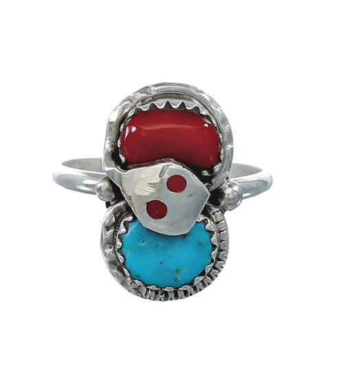 Zuni Turquoise Coral Authentic Sterling Silver Snake Ring Size 8-1/4 JX130823
